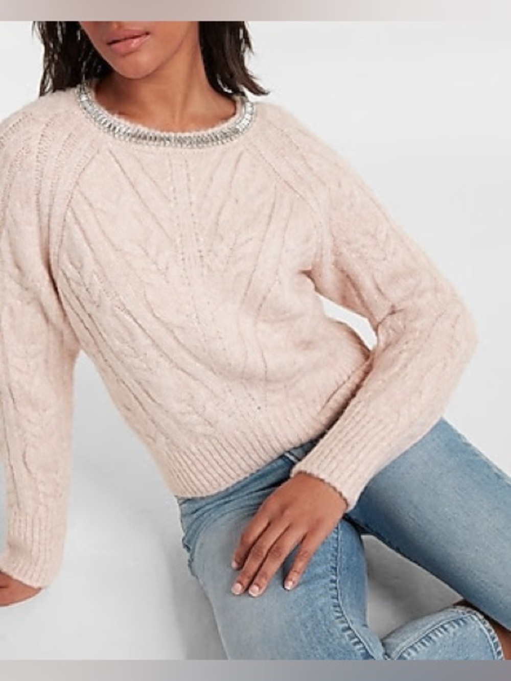 NWT Express CABLE KNIT EMBELLISHED NECKLINE SWEATER - size XL